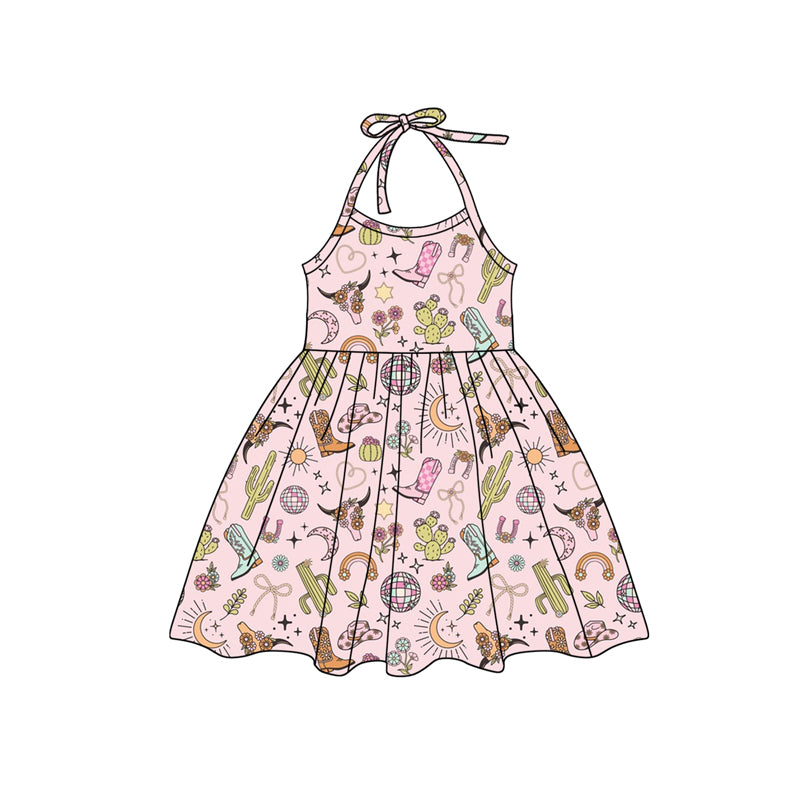 (Pre-order)GSD2170  Flowers Cactus Western Print Girls Summer Knee Length Dress