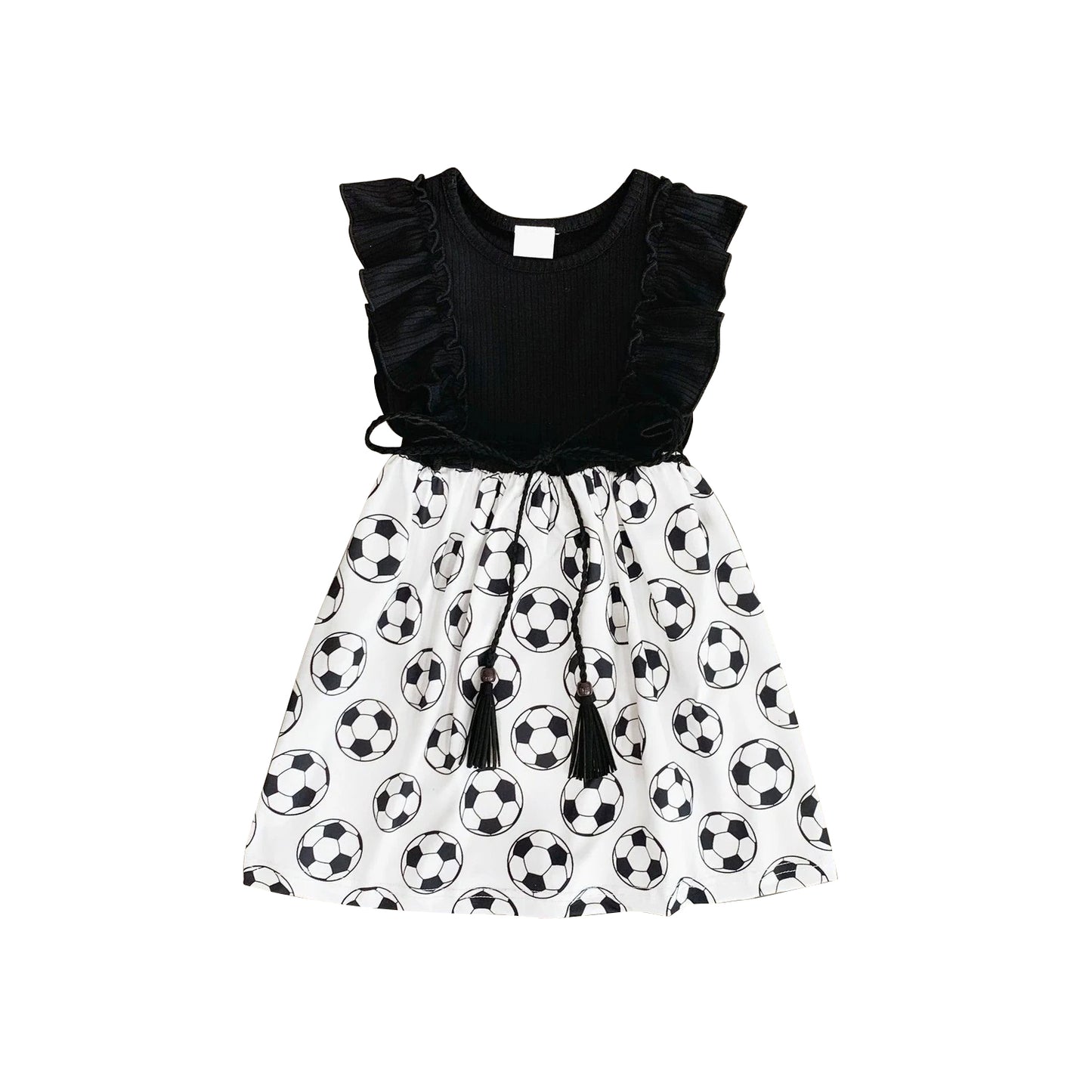 (Pre-order)GSD2174  Soccer Black Print Girls Summer Knee Length Dress
