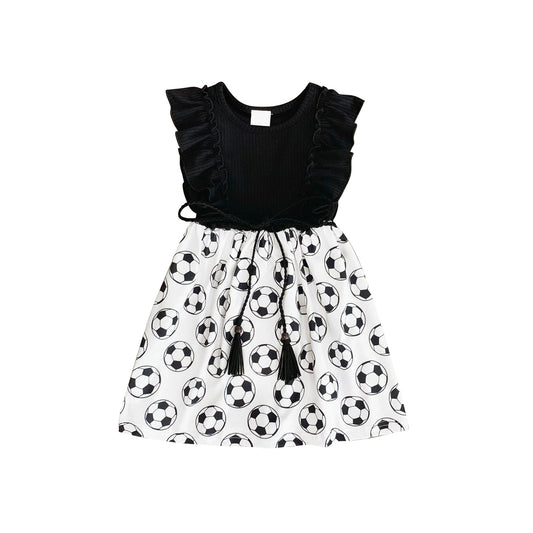 (Pre-order)GSD2174  Soccer Black Print Girls Summer Knee Length Dress