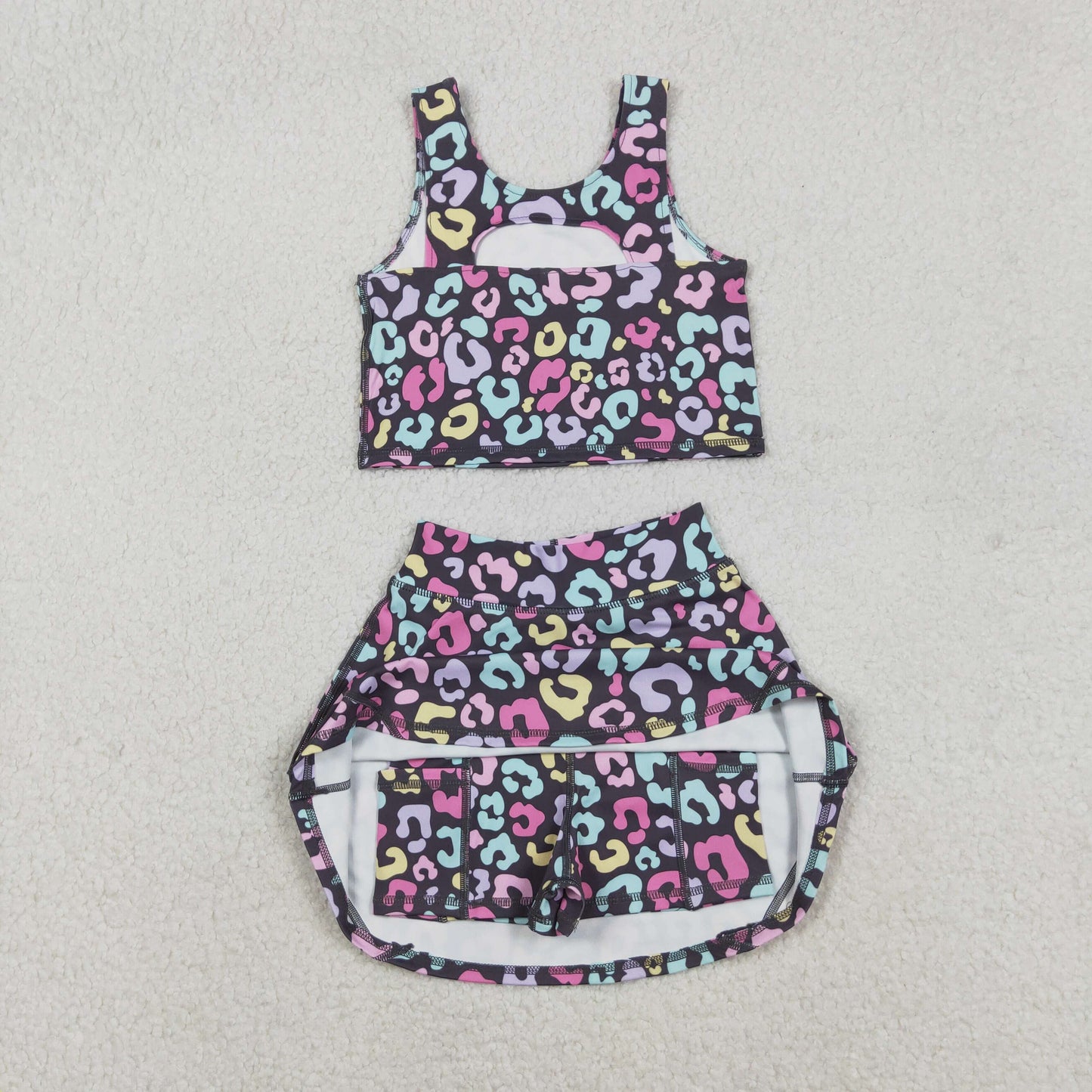 GSD2176 Colorful Leopard Print Skirts Shorts Girls Summer Yoga Clothes Set