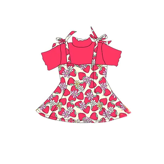 (Pre-order)GSD2178  Strawberry Print Girls Summer Knee Length Dress