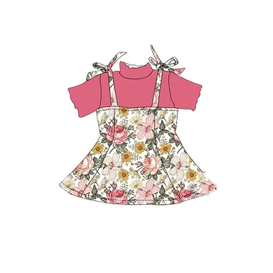(Pre-order)GSD2179  Flowers Print Girls Summer Knee Length Dress