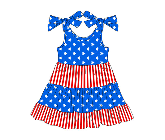 (Pre-order)GSD2185  Stars Stripes Print Girls 4th of July Knee Length Dress