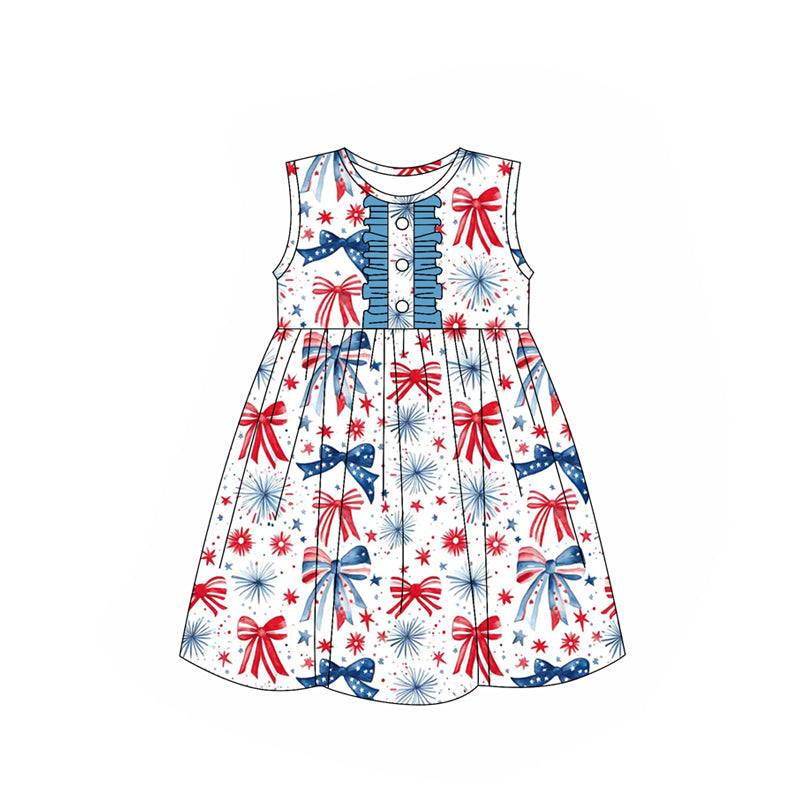 (Pre-order)GSD2186  Fireworks Stars Bows Print Girls 4th of July Knee Length Dress