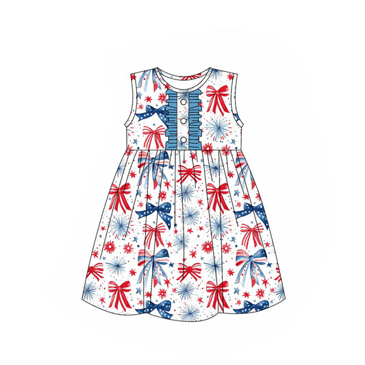 (Pre-order)GSD2186  Fireworks Stars Bows Print Girls 4th of July Knee Length Dress