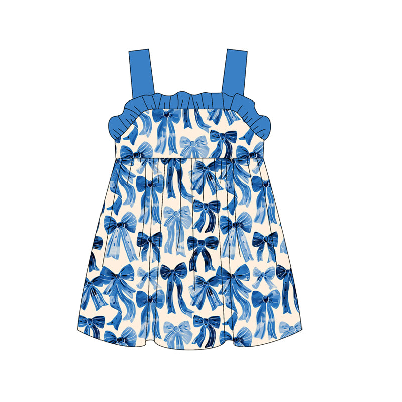 (Pre-order)GSD2191  Blue Bows Print Girls Summer Knee Length Dress
