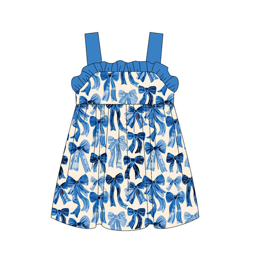 (Pre-order)GSD2191  Blue Bows Print Girls Summer Knee Length Dress