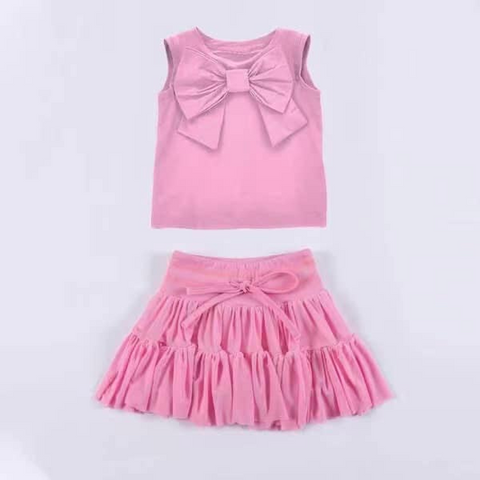 (Pre-order)GSD2192 Pink Color Big Bow Sleeveless Top Ruffle Skirts Girls Summer Clothes Set