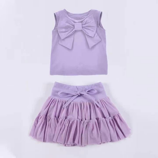 (Pre-order)GSD2193 Purple Color Big Bow Sleeveless Top Ruffle Skirts Girls Summer Clothes Set