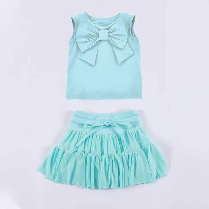 (Pre-order)GSD2194 Blue Color Big Bow Sleeveless Top Ruffle Skirts Girls Summer Clothes Set