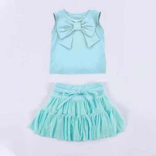 (Pre-order)GSD2194 Blue Color Big Bow Sleeveless Top Ruffle Skirts Girls Summer Clothes Set