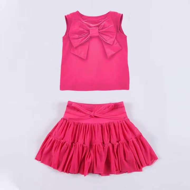 (Pre-order)GSD2195 Hot Pink Color Big Bow Sleeveless Top Ruffle Skirts Girls Summer Clothes Set