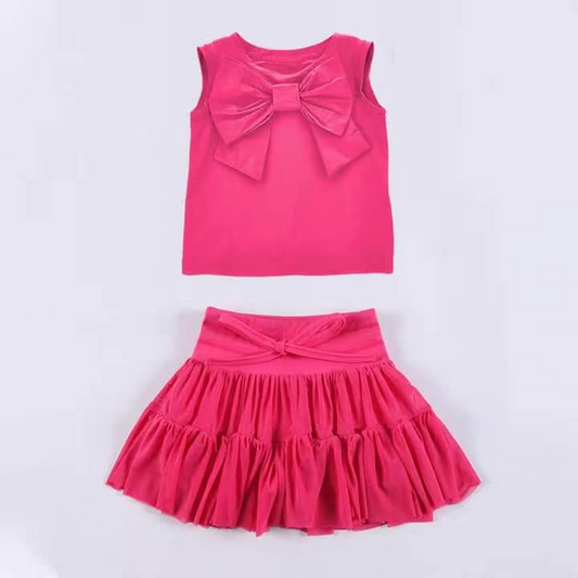 (Pre-order)GSD2195 Hot Pink Color Big Bow Sleeveless Top Ruffle Skirts Girls Summer Clothes Set