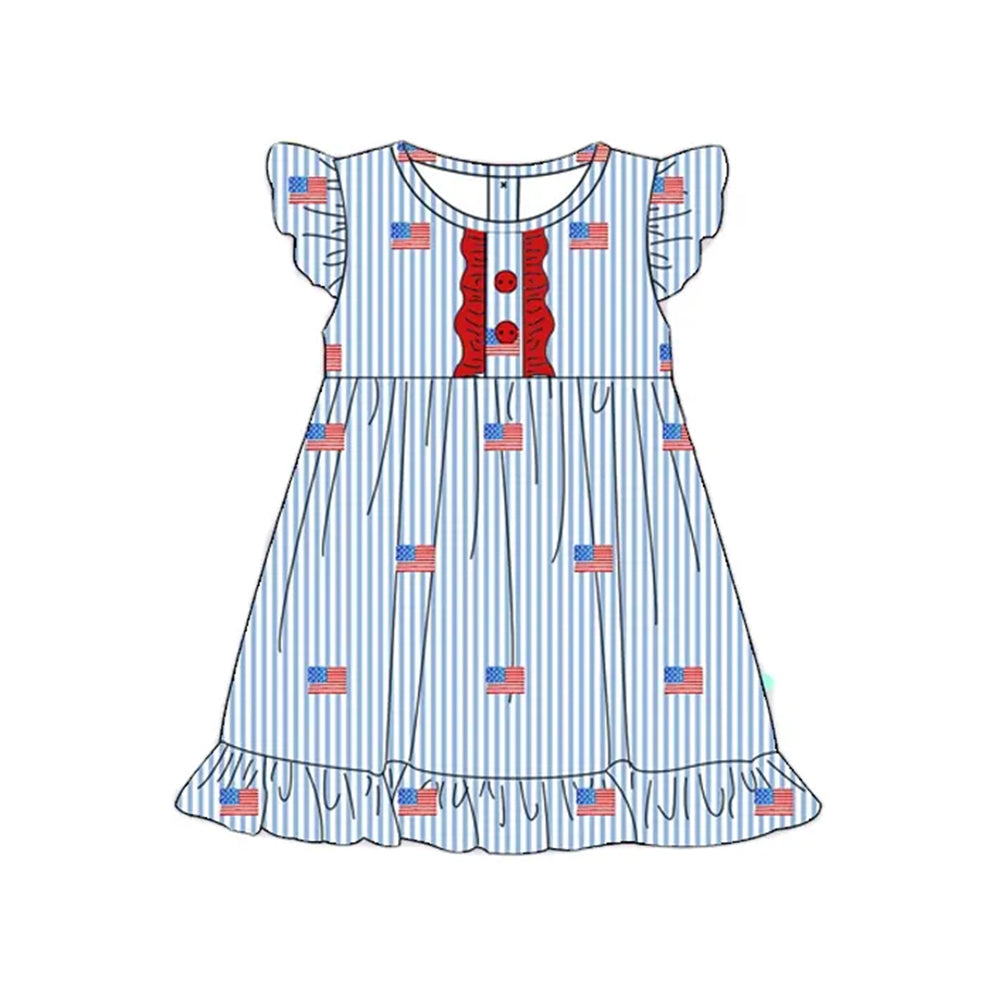 (Pre-order)GSD2196  Flag Blue Stripes Print Girls 4th of July Knee Length Dress