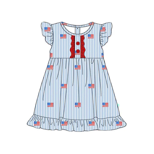 (Pre-order)GSD2196  Flag Blue Stripes Print Girls 4th of July Knee Length Dress