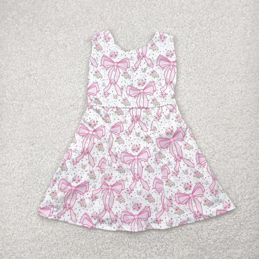 GSD2199  Pink Flowers Bows Print Girls Summer Shorts Knee Length Yoga Dress