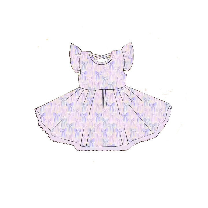 (Pre-order)GSD2204  Purple Pink Bows Print Girls Flutter Sleeve Knee Length Dress
