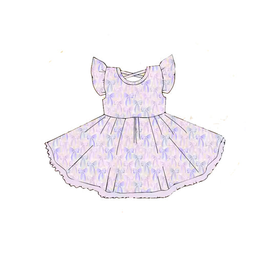 (Pre-order)GSD2204  Purple Pink Bows Print Girls Flutter Sleeve Knee Length Dress