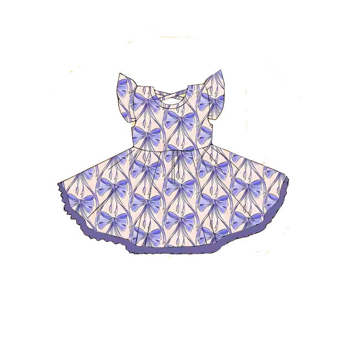 (Pre-order)GSD2205  Purple Bows Print Girls Flutter Sleeve Knee Length Dress