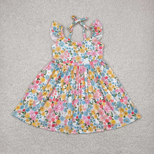 GSD2207  Colorful Flowers Print Girls Backless Knee Length Dress