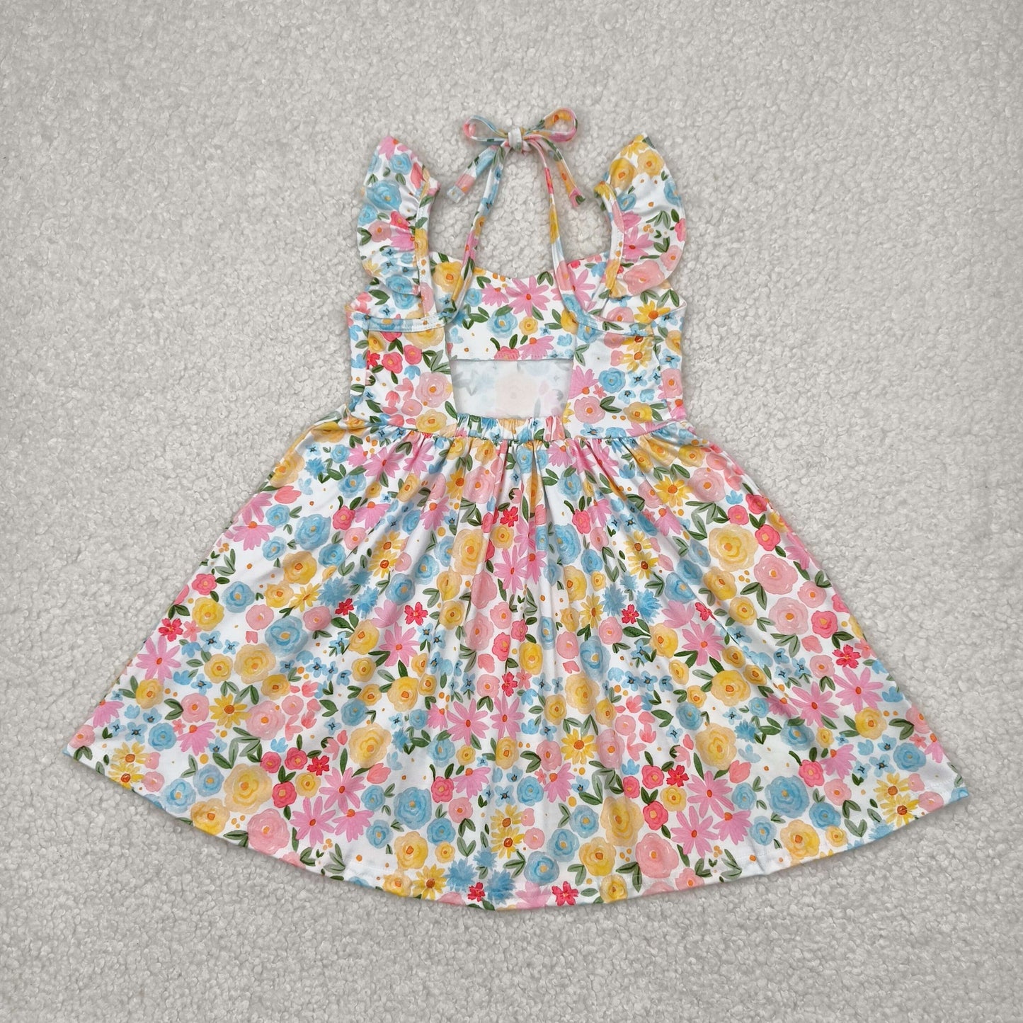 GSD2207  Colorful Flowers Print Girls Backless Knee Length Dress