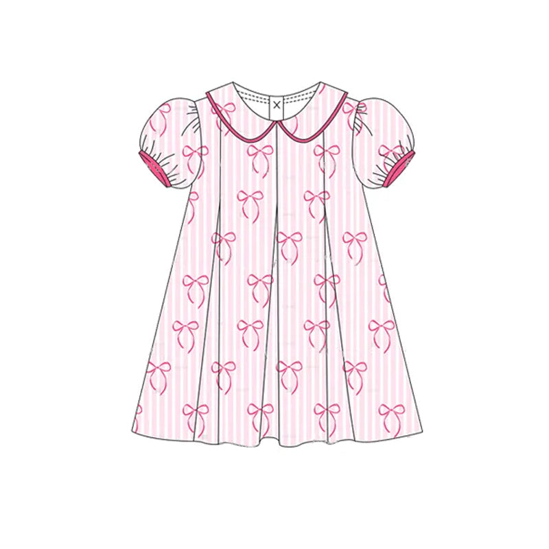 (Pre-order)GSD2211  Bows Pink Stripes Print Girls Summer Knee Length Dress