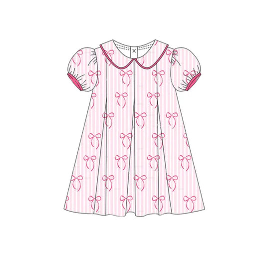 (Pre-order)GSD2211  Bows Pink Stripes Print Girls Summer Knee Length Dress