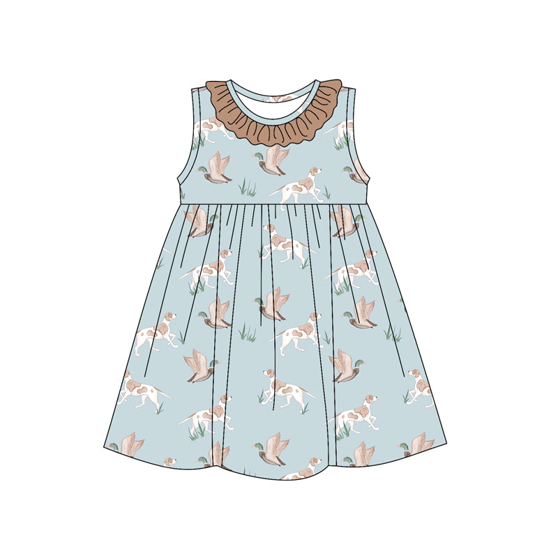 (Pre-order)GSD2215  Duck Dog Print Girls Summer Knee Length Dress