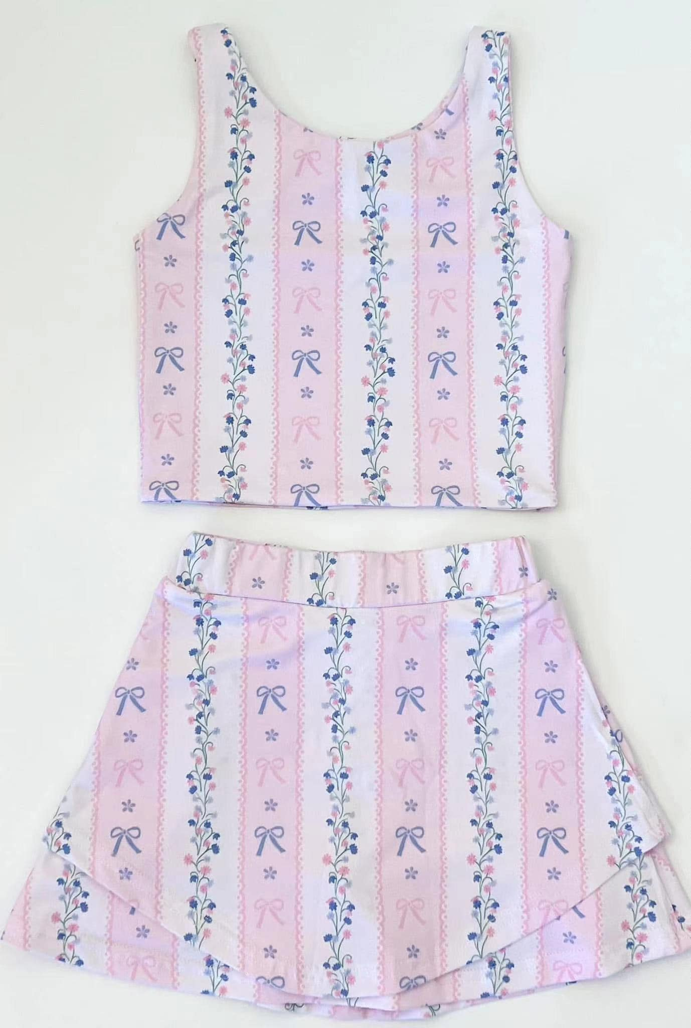 (Pre-order)GSD2216 Small Flowers Bows Pink Print Skirts Shorts Girls Yoga Summer Yoga Clothes Set