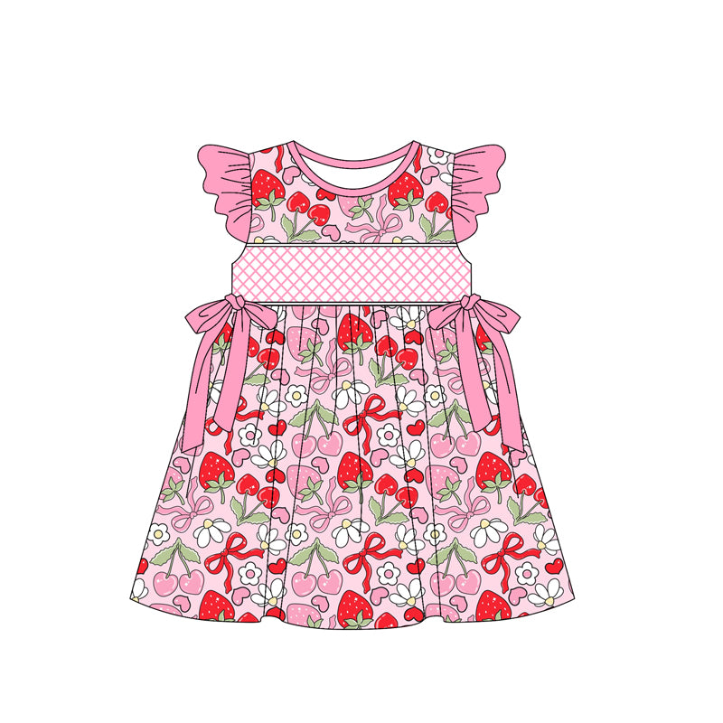 (Pre-order)GSD2229  Strawberry Cherry Bows Pink Print Girls Summer Knee Length Dress