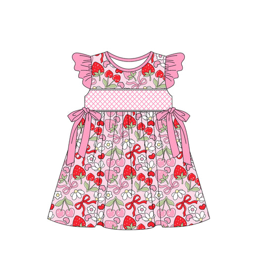 (Pre-order)GSD2229  Strawberry Cherry Bows Pink Print Girls Summer Knee Length Dress