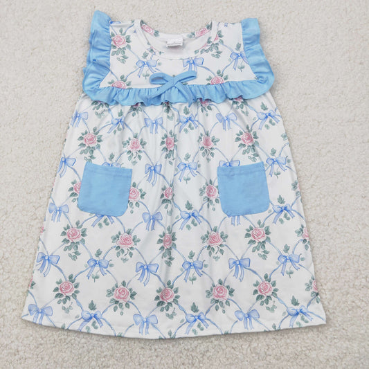 GSD2230  Flowers Bows Blue Print Pockets Girls Summer Knee Length Dress