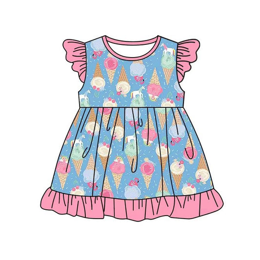 (Pre-order)GSD2231  Flamingo Ice Cream Print Girls Summer Knee Length Dress