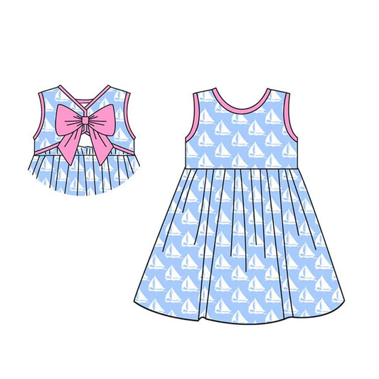 (Pre-order)GSD2232  Sailboat Blue Print Girls Summer Backless Knee Length Dress