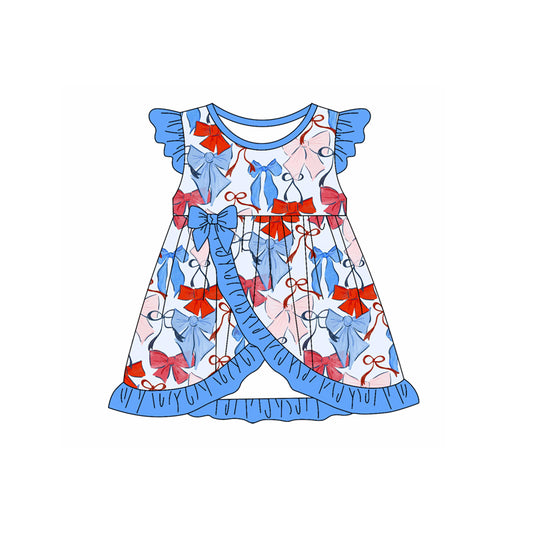 (Pre-order)GSD2233  Red Blue Bows Print Girls 4th of July Knee Length Dress