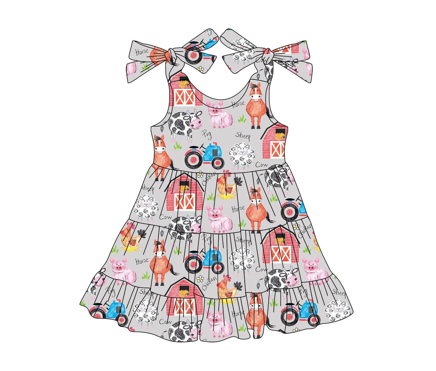 (Pre-order)GSD2235  Farm Animals Grey Print Girls Summer Knee Length Dress