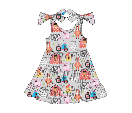 (Pre-order)GSD2235  Farm Animals Grey Print Girls Summer Knee Length Dress