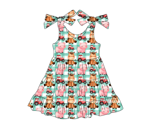(Pre-order)GSD2236  Farm Animals Plaid Print Girls Summer Knee Length Dress