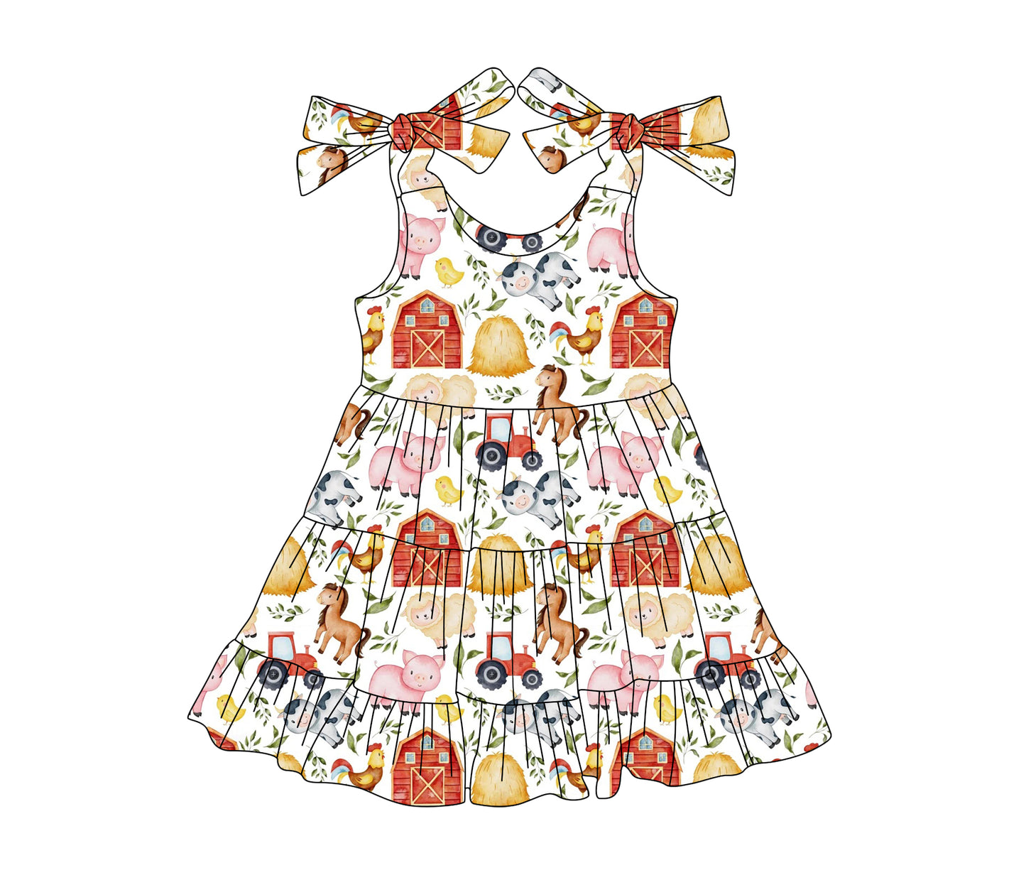 (Pre-order)GSD2238  Farm Animals Print Girls Summer Knee Length Dress