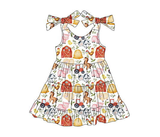 (Pre-order)GSD2238  Farm Animals Print Girls Summer Knee Length Dress