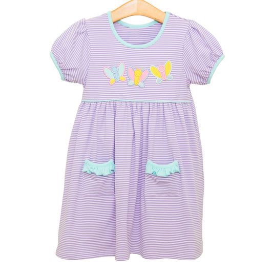 (Pre-order)GSD2239  Butterfly Purple Stripes Print Girls Summer Knee Length Dress