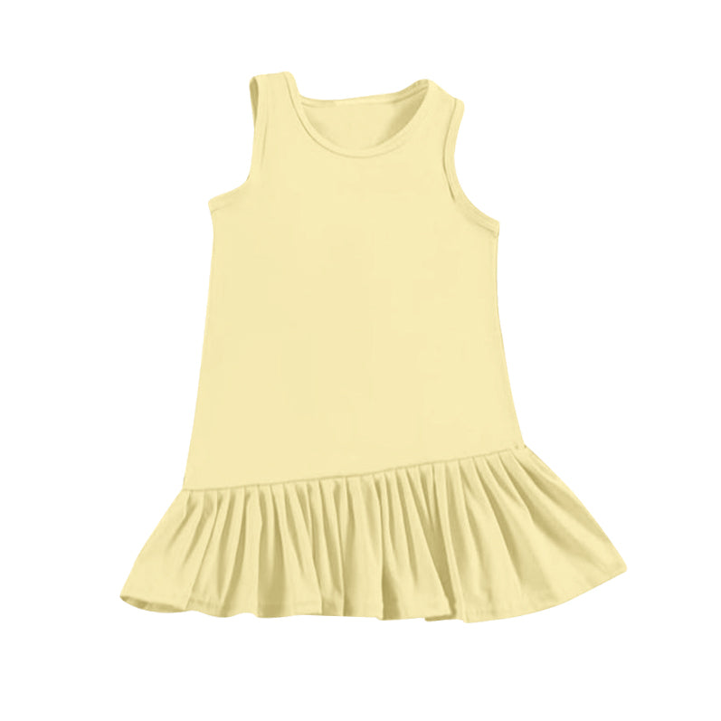 (Pre-order)GSD2247  Yellow Solid Girls Summer Sleeveless Knee Length Dress