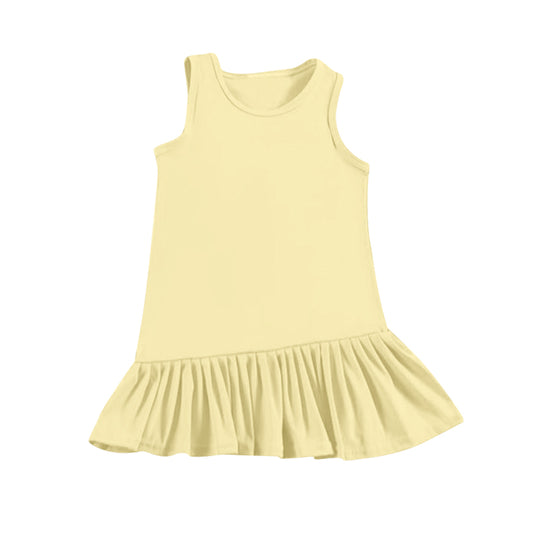 (Pre-order)GSD2247  Yellow Solid Girls Summer Sleeveless Knee Length Dress