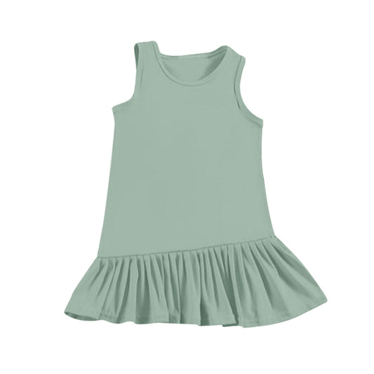 (Pre-order)GSD2249  Green Solid Girls Summer Sleeveless Knee Length Dress