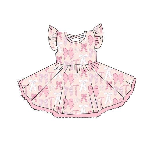 (Pre-order)GSD2254  Pink Bows Print Girls Summer Knee Length Dress