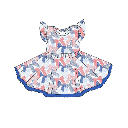 (Pre-order)GSD2256  Red Blue Bows Print Girls 4th of July Knee Length Dress