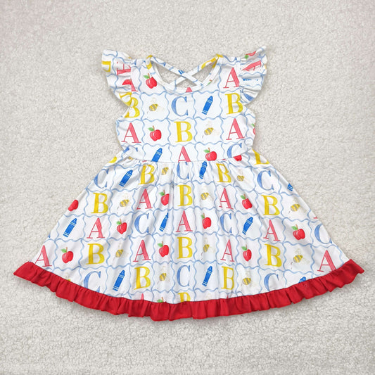 GSD2258  Apple ABC Print Girls Back to School Knee Length Dress