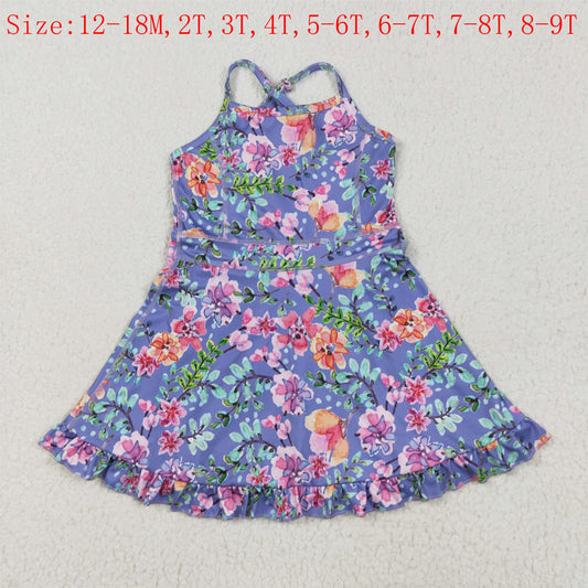 GSD2279 Pink Flowers Purple Print Girls Summer Knee Length Shorts Yoga Dress
