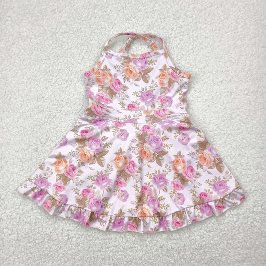 GSD2280 Pink Orange Flowers Print Girls Summer Knee Length Shorts Yoga Dress
