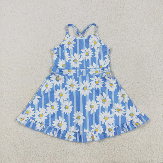 GSD2283 Flowers Blue Stripes Print Girls Summer Knee Length Shorts Yoga Dress